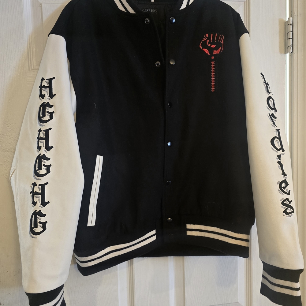 Black and White Varsity Jacket with Red Detail
